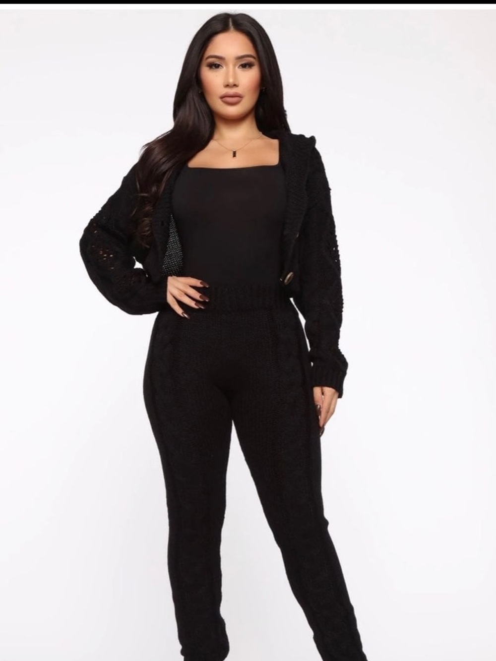 Fashion Nova Cozy High-Waist Cable Knit Pants and Top- Black